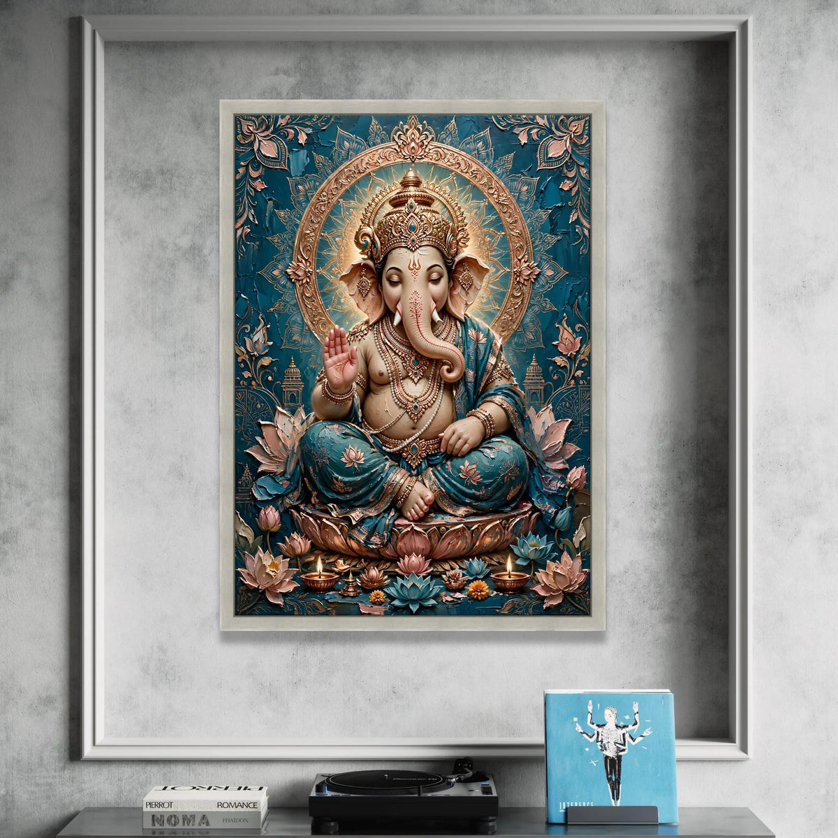 Elegant Lord Ganesha Canvas Wall Art, Spiritual Indian Elephant God, Blue and Gold Home Decor, Sacred Hindu Symbol, Canvas Print Art