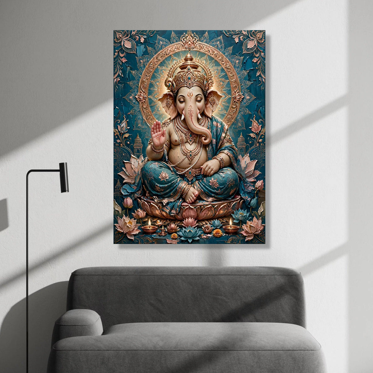 Elegant Lord Ganesha Canvas Wall Art, Spiritual Indian Elephant God, Blue and Gold Home Decor, Sacred Hindu Symbol, Canvas Print Art