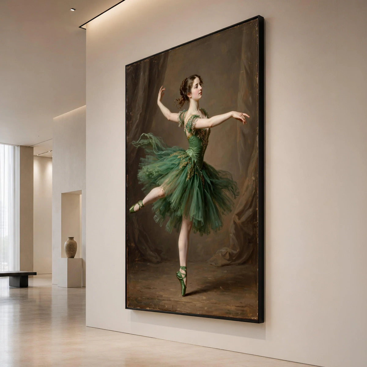 Elegant Ballerina Pose Canvas, Green Tutu Dance Wall Art, Classical Ballet Dancer Decoration, Graceful Movement Canvas Canvas Print Art