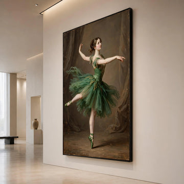 Elegant Ballerina Pose Canvas, Green Tutu Dance Wall Art, Classical Ballet Dancer Decoration, Graceful Movement Canvas Canvas Print Art
