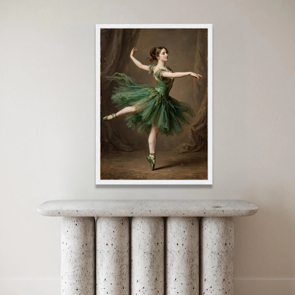 Elegant Ballerina Pose Canvas, Green Tutu Dance Wall Art, Classical Ballet Dancer Decoration, Graceful Movement Canvas Canvas Print Art