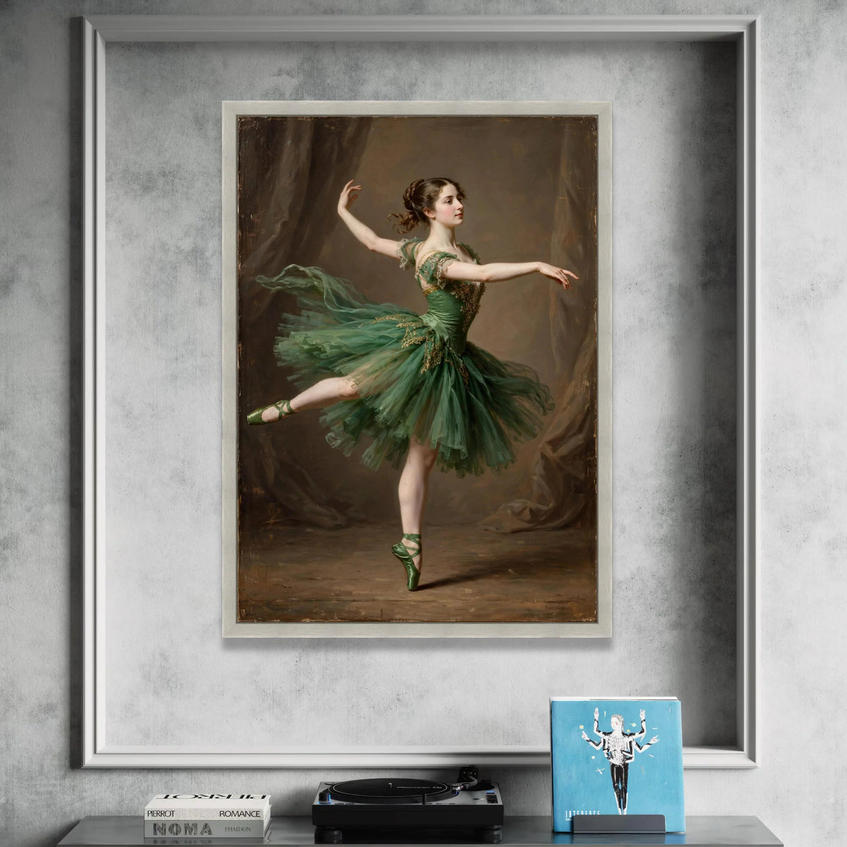 Elegant Ballerina Pose Canvas, Green Tutu Dance Wall Art, Classical Ballet Dancer Decoration, Graceful Movement Canvas Canvas Print Art