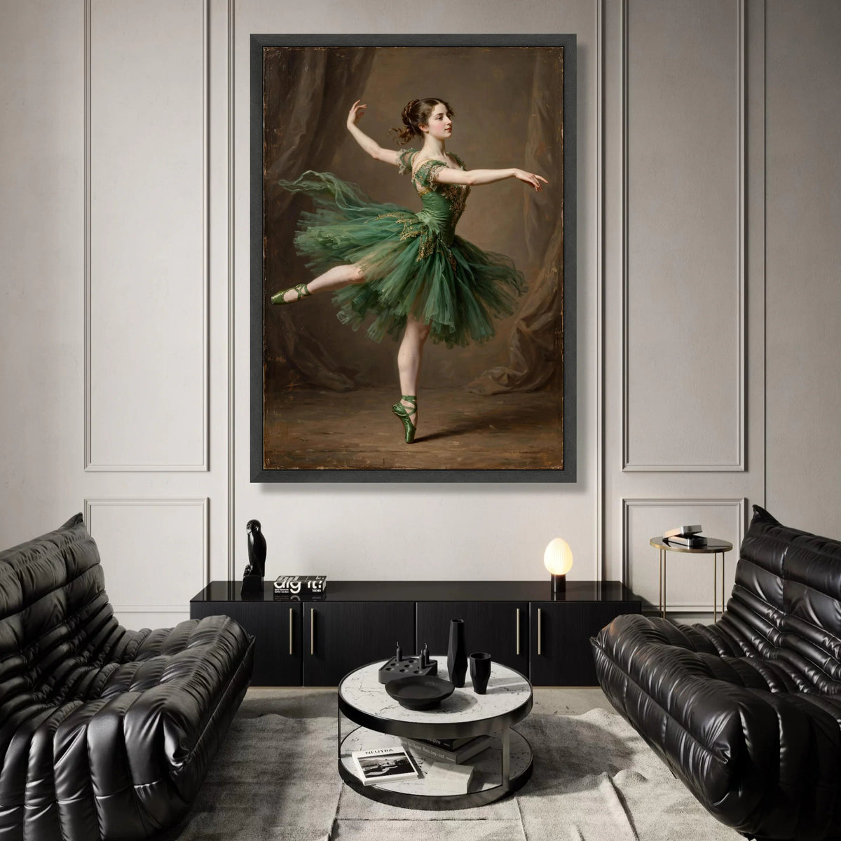 Elegant Ballerina Pose Canvas, Green Tutu Dance Wall Art, Classical Ballet Dancer Decoration, Graceful Movement Canvas Canvas Print Art