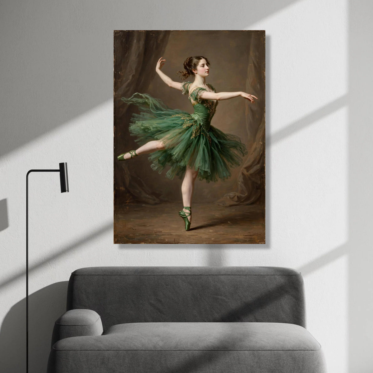 Elegant Ballerina Pose Canvas, Green Tutu Dance Wall Art, Classical Ballet Dancer Decoration, Graceful Movement Canvas Canvas Print Art