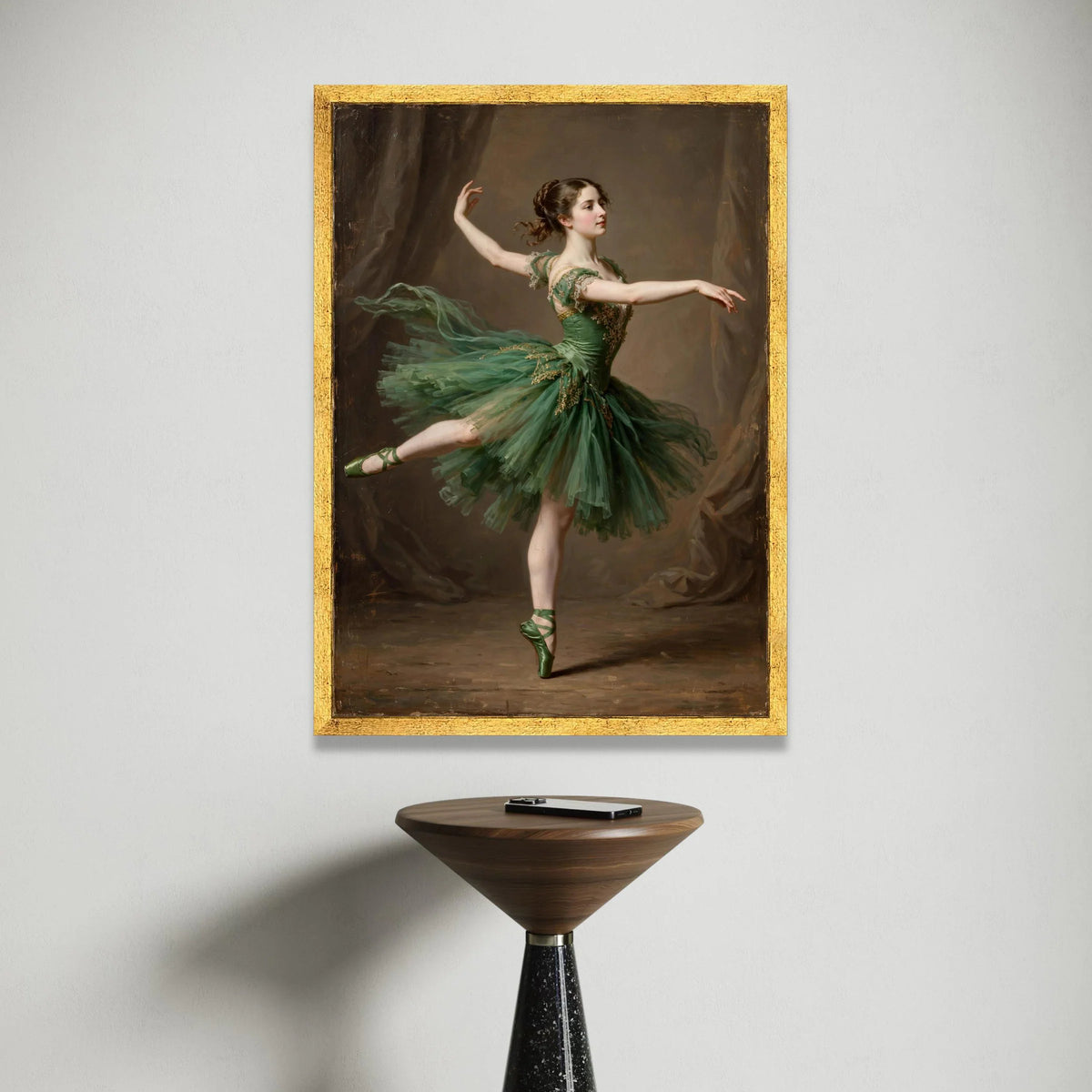 Elegant Ballerina Pose Canvas, Green Tutu Dance Wall Art, Classical Ballet Dancer Decoration, Graceful Movement Canvas Canvas Print Art