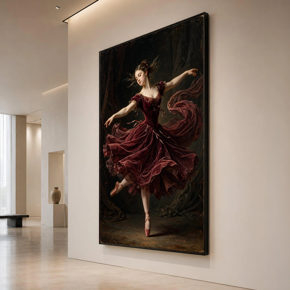 Graceful Ballet Dancer, Elegant Red Dress Canvas, Classical Dance Wall Art, Poised Ballerina Canvas, Romantic Movement Canvas Print Art