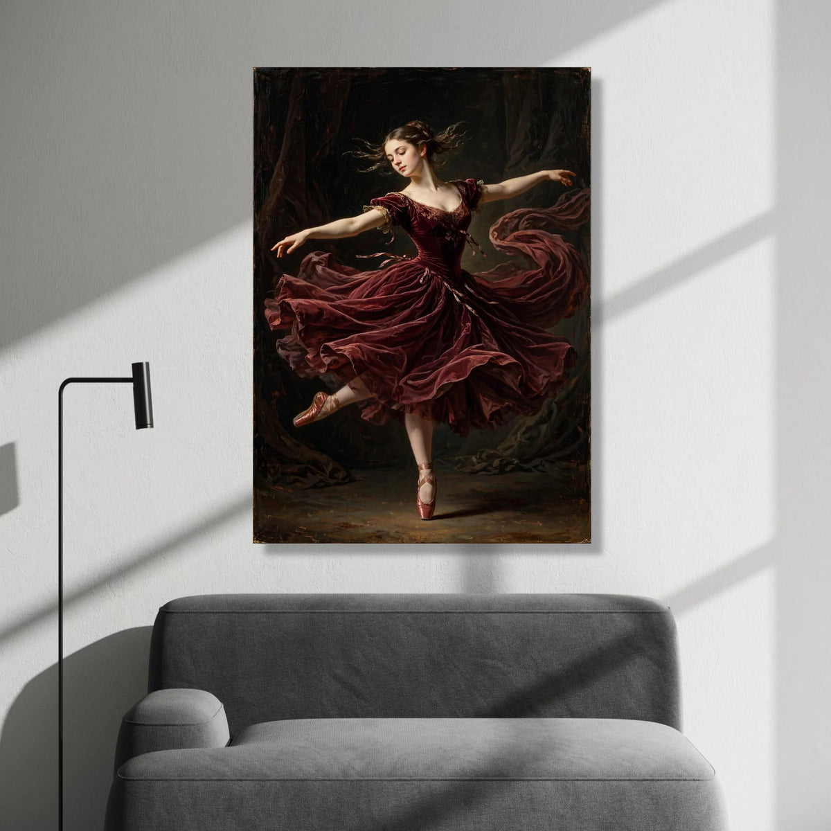 Graceful Ballet Dancer, Elegant Red Dress Canvas, Classical Dance Wall Art, Poised Ballerina Canvas, Romantic Movement Canvas Print Art