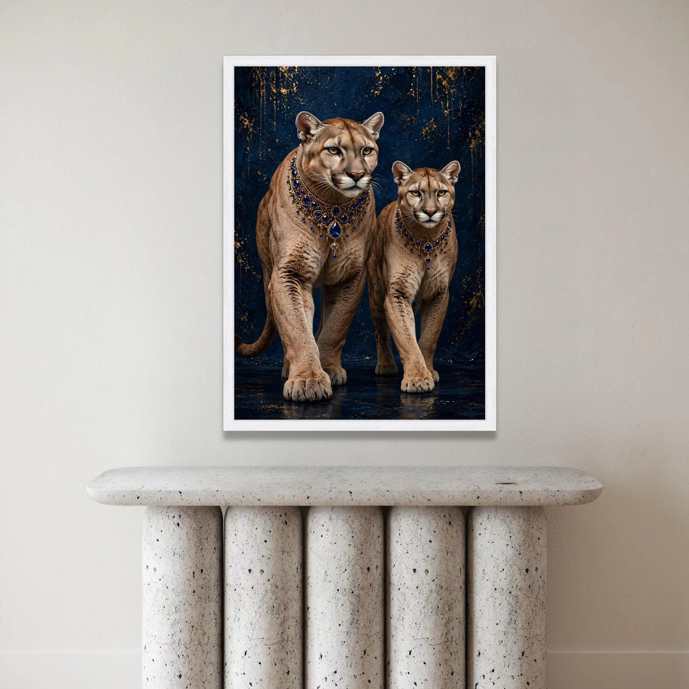 Majestic Cougars with Royal Blue Jewels Canvas, Elegant Wild Cat Wall Art, Luxury Animal Portrait Canvas, Deep Blue and Canvas Print Art
