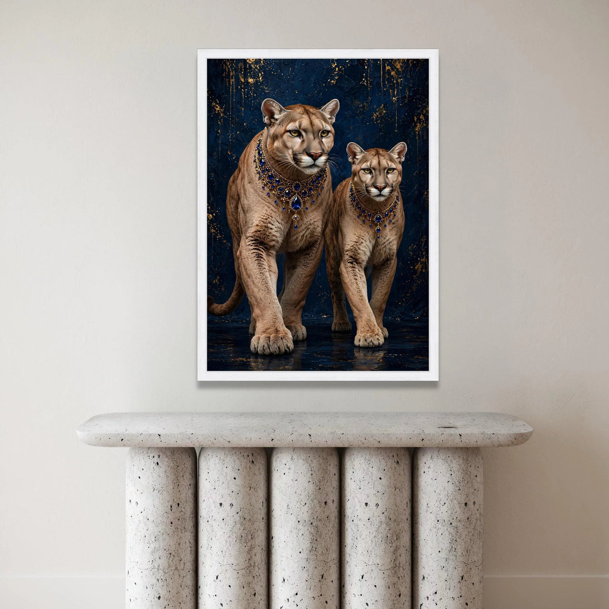 Majestic Cougars with Royal Blue Jewels Canvas, Elegant Wild Cat Wall Art, Luxury Animal Portrait Canvas, Deep Blue and Canvas Print Art