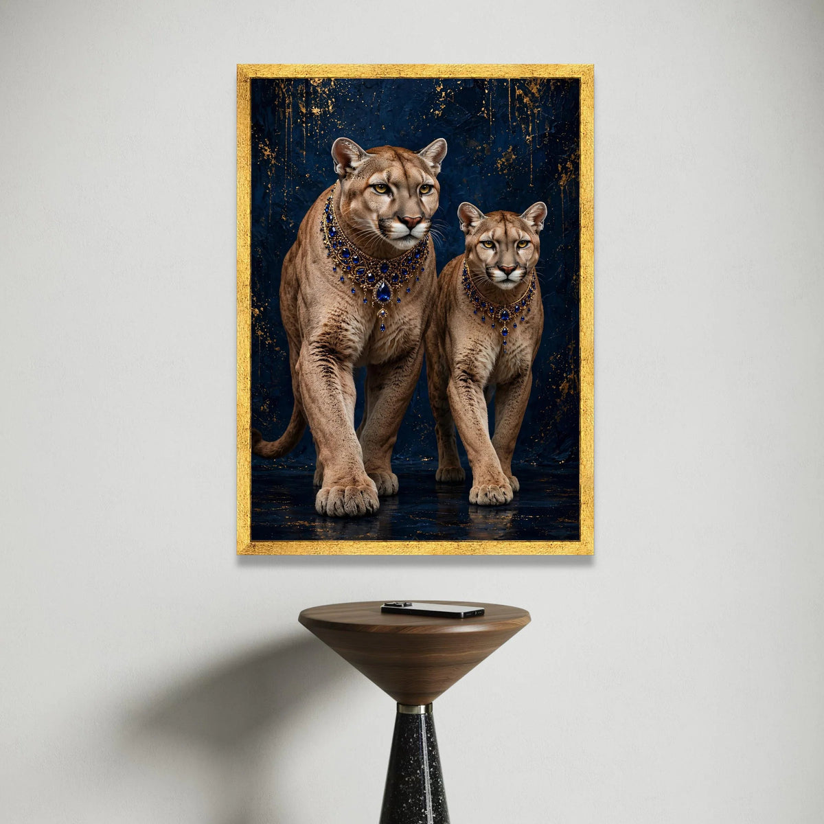 Majestic Cougars with Royal Blue Jewels Canvas, Elegant Wild Cat Wall Art, Luxury Animal Portrait Canvas, Deep Blue and Canvas Print Art