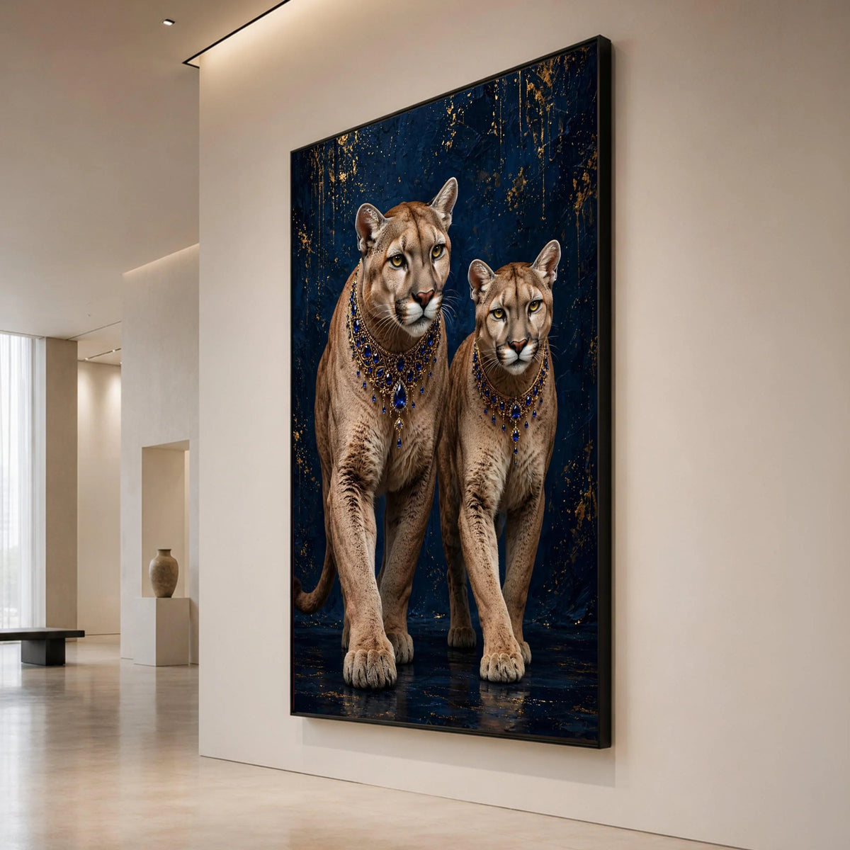 Majestic Cougars with Royal Blue Jewels Canvas, Elegant Wild Cat Wall Art, Luxury Animal Portrait Canvas, Deep Blue and Canvas Print Art