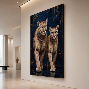 Majestic Cougars with Royal Blue Jewels Canvas, Elegant Wild Cat Wall Art, Luxury Animal Portrait Canvas, Deep Blue and Canvas Print Art