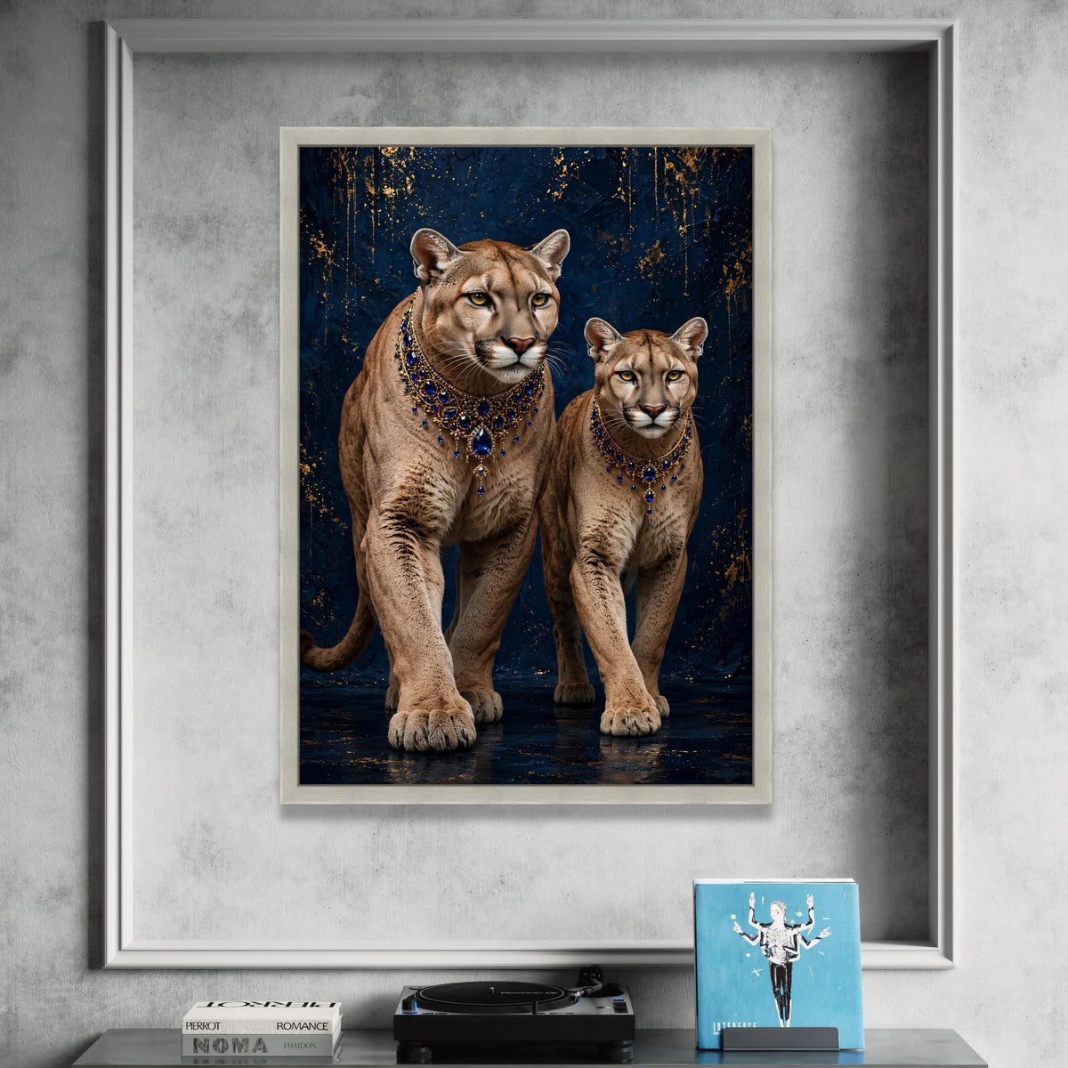 Majestic Cougars with Royal Blue Jewels Canvas, Elegant Wild Cat Wall Art, Luxury Animal Portrait Canvas, Deep Blue and Canvas Print Art