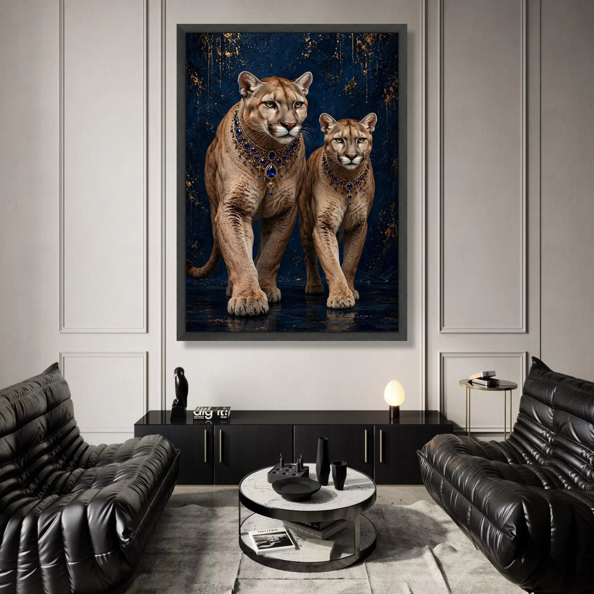 Majestic Cougars with Royal Blue Jewels Canvas, Elegant Wild Cat Wall Art, Luxury Animal Portrait Canvas, Deep Blue and Canvas Print Art