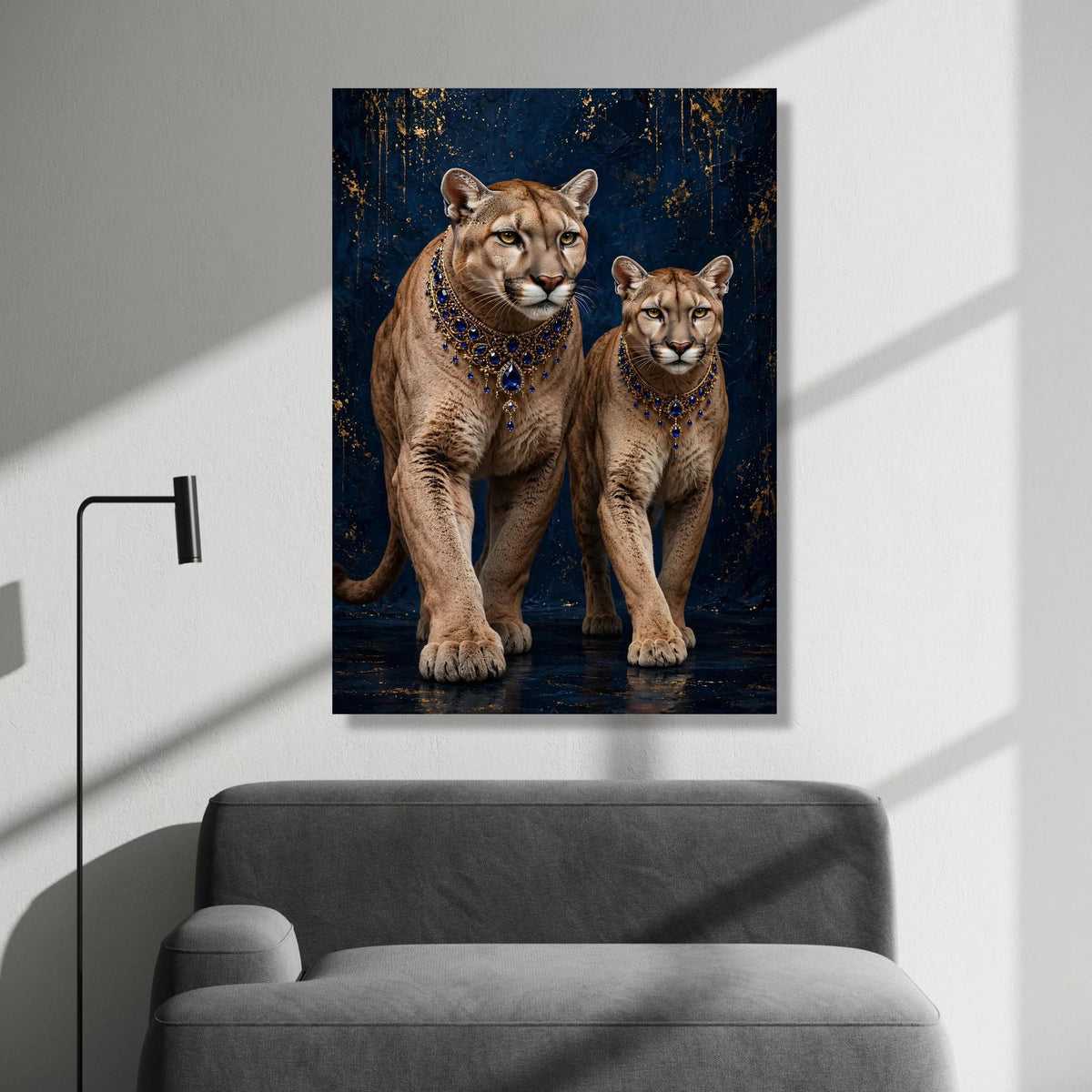 Majestic Cougars with Royal Blue Jewels Canvas, Elegant Wild Cat Wall Art, Luxury Animal Portrait Canvas, Deep Blue and Canvas Print Art