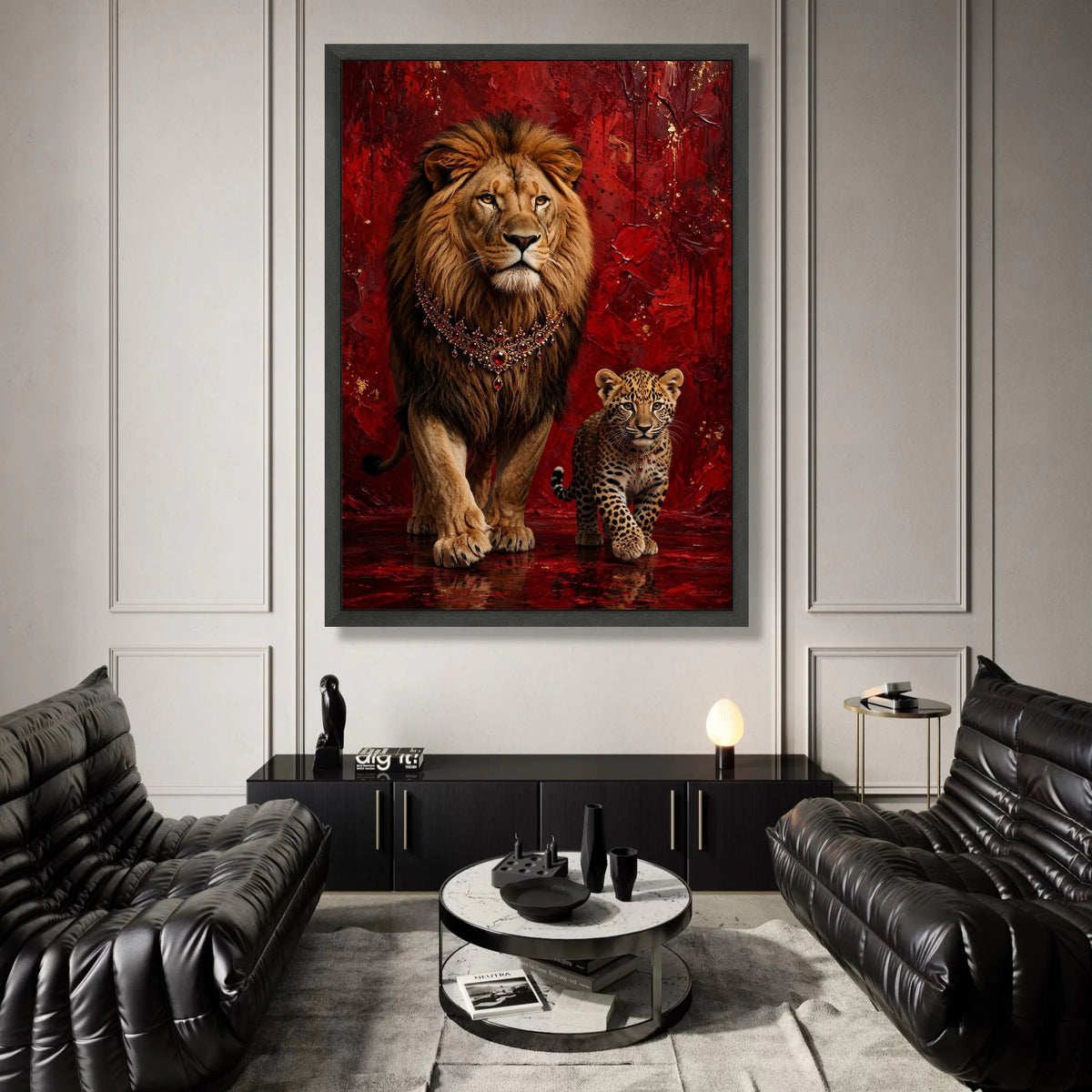 Majestic Lion and Cub Canvas, Royal Animal Portrait, Red Abstract Background, Wildlife Wall Art, Elegant Home Decoration Canvas Print Art