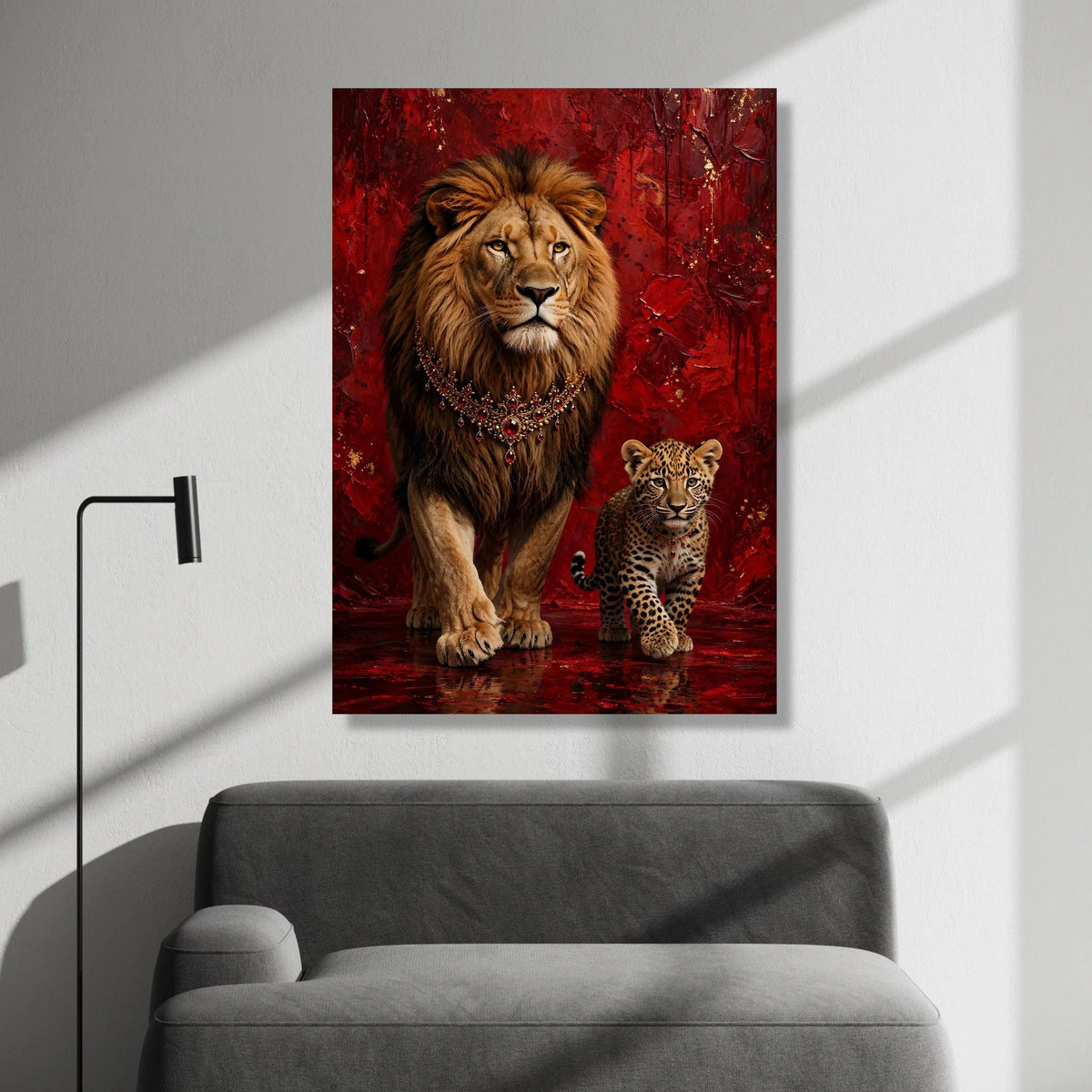 Majestic Lion and Cub Canvas, Royal Animal Portrait, Red Abstract Background, Wildlife Wall Art, Elegant Home Decoration Canvas Print Art