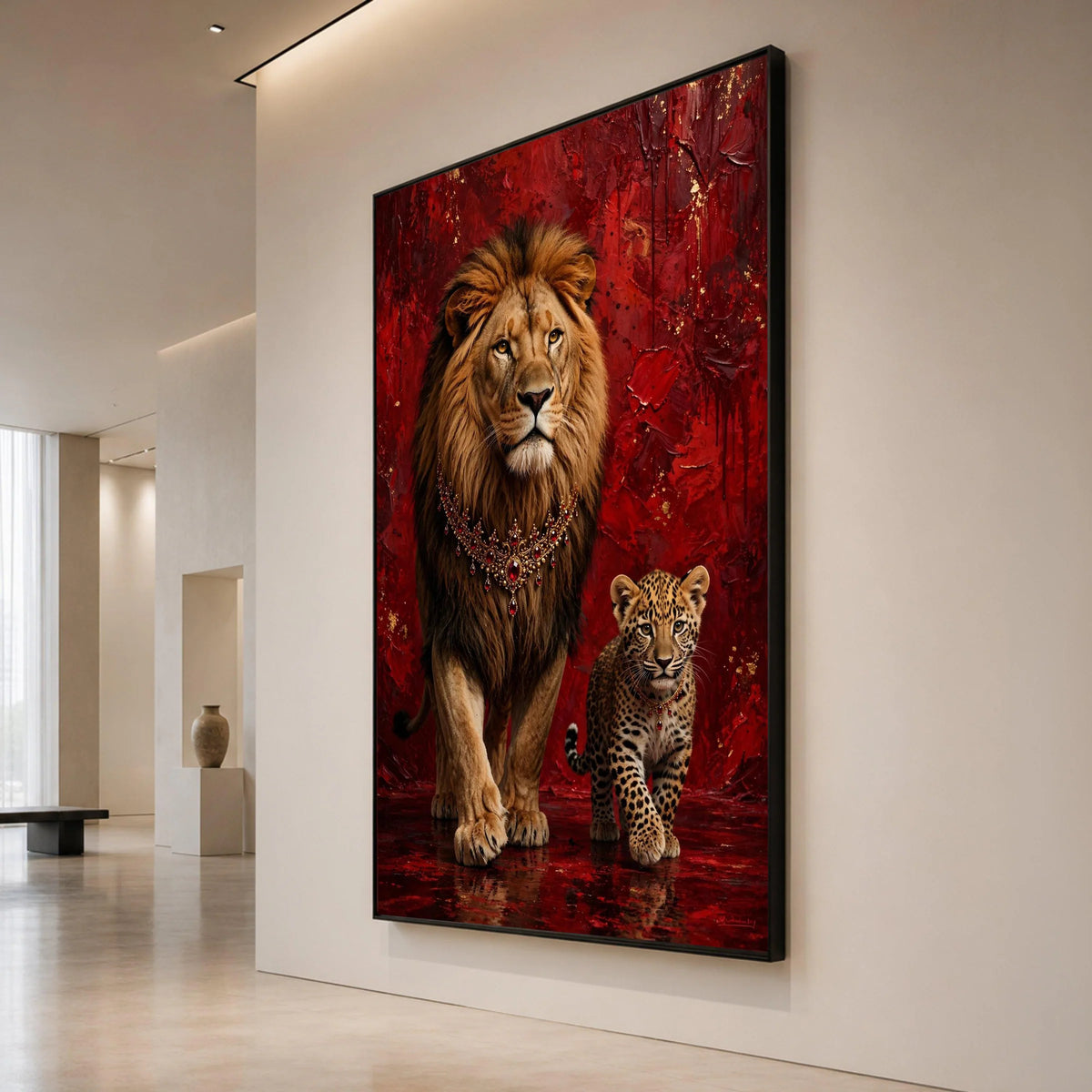 Majestic Lion and Cub Canvas, Royal Animal Portrait, Red Abstract Background, Wildlife Wall Art, Elegant Home Decoration Canvas Print Art