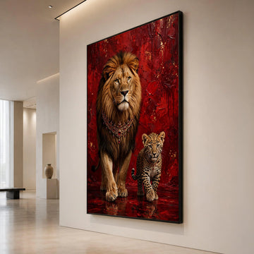 Majestic Lion and Cub Canvas, Royal Animal Portrait, Red Abstract Background, Wildlife Wall Art, Elegant Home Decoration Canvas Print Art
