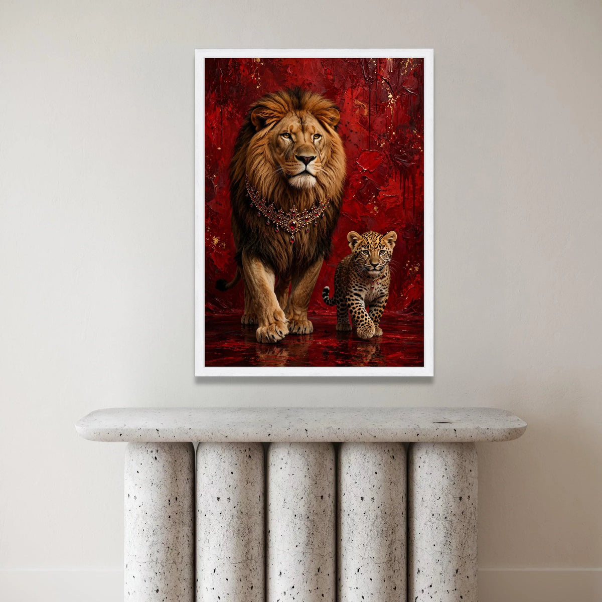 Majestic Lion and Cub Canvas, Royal Animal Portrait, Red Abstract Background, Wildlife Wall Art, Elegant Home Decoration Canvas Print Art
