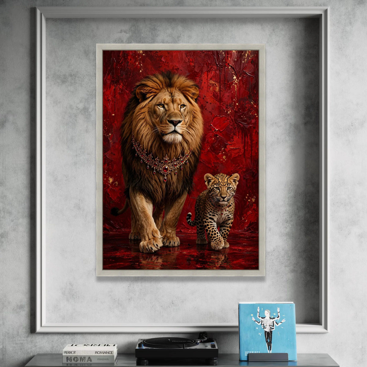 Majestic Lion and Cub Canvas, Royal Animal Portrait, Red Abstract Background, Wildlife Wall Art, Elegant Home Decoration Canvas Print Art