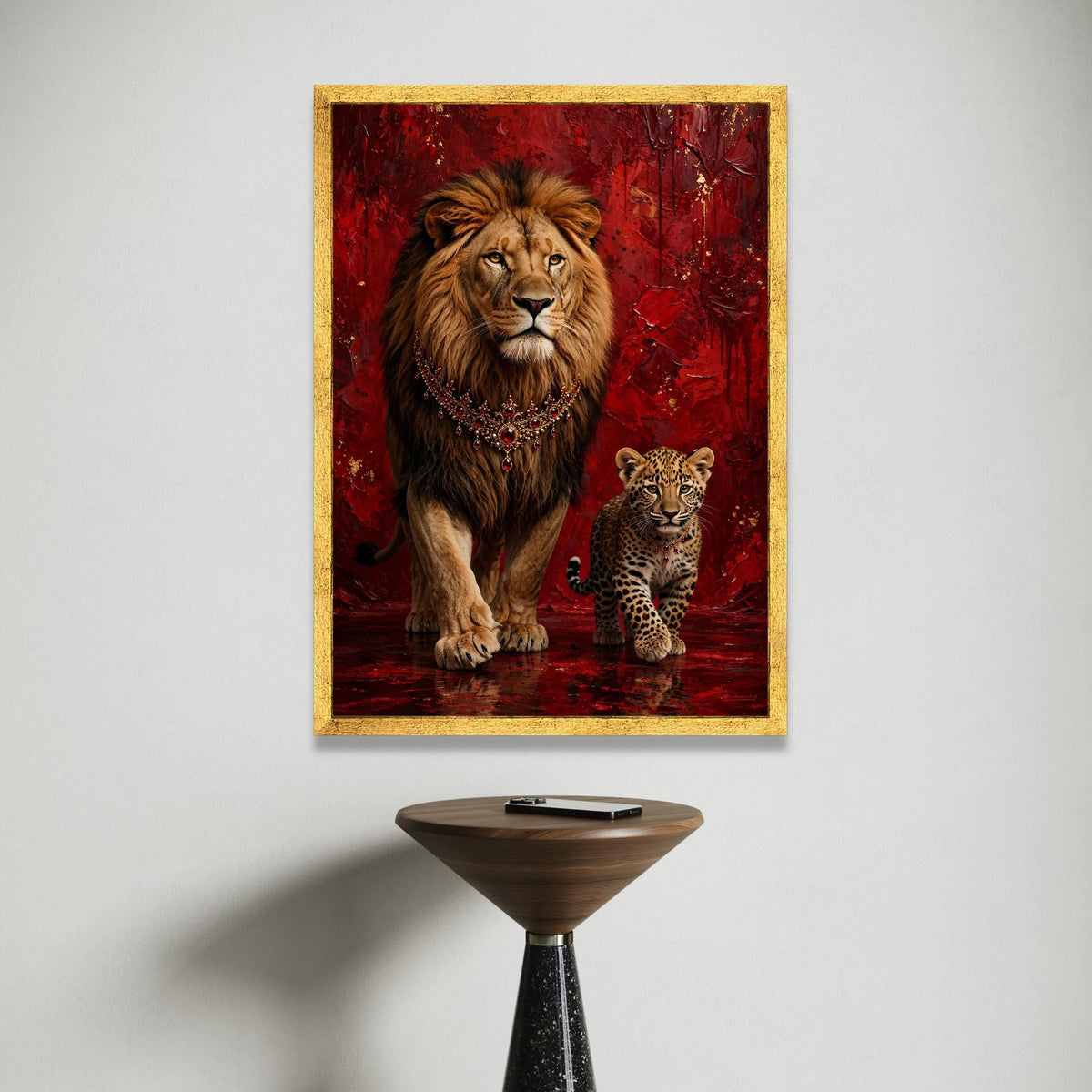 Majestic Lion and Cub Canvas, Royal Animal Portrait, Red Abstract Background, Wildlife Wall Art, Elegant Home Decoration Canvas Print Art