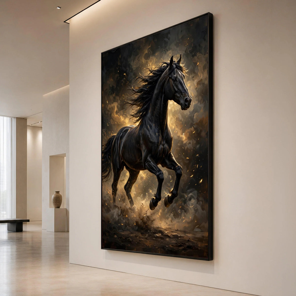 Majestic Black Stallion Canvas Wall Art, Galloping Horse Canvas, Dynamic Animal Portrait, Rustic Home Decoration, Ready to Canvas Print Art
