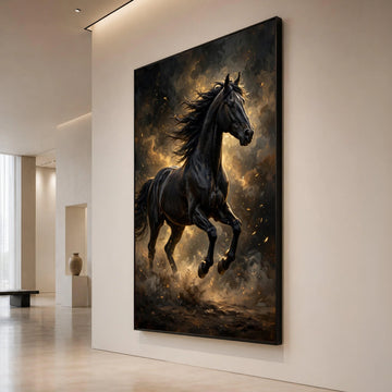 Majestic Black Stallion Canvas Wall Art, Galloping Horse Canvas, Dynamic Animal Portrait, Rustic Home Decoration, Ready to Canvas Print Art