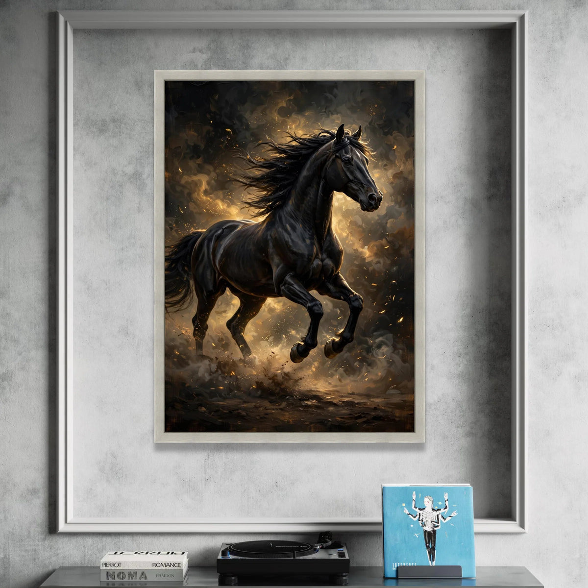 Majestic Black Stallion Canvas Wall Art, Galloping Horse Canvas, Dynamic Animal Portrait, Rustic Home Decoration, Ready to Canvas Print Art