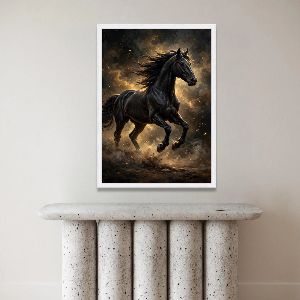 Majestic Black Stallion Canvas Wall Art, Galloping Horse Canvas, Dynamic Animal Portrait, Rustic Home Decoration, Ready to Canvas Print Art