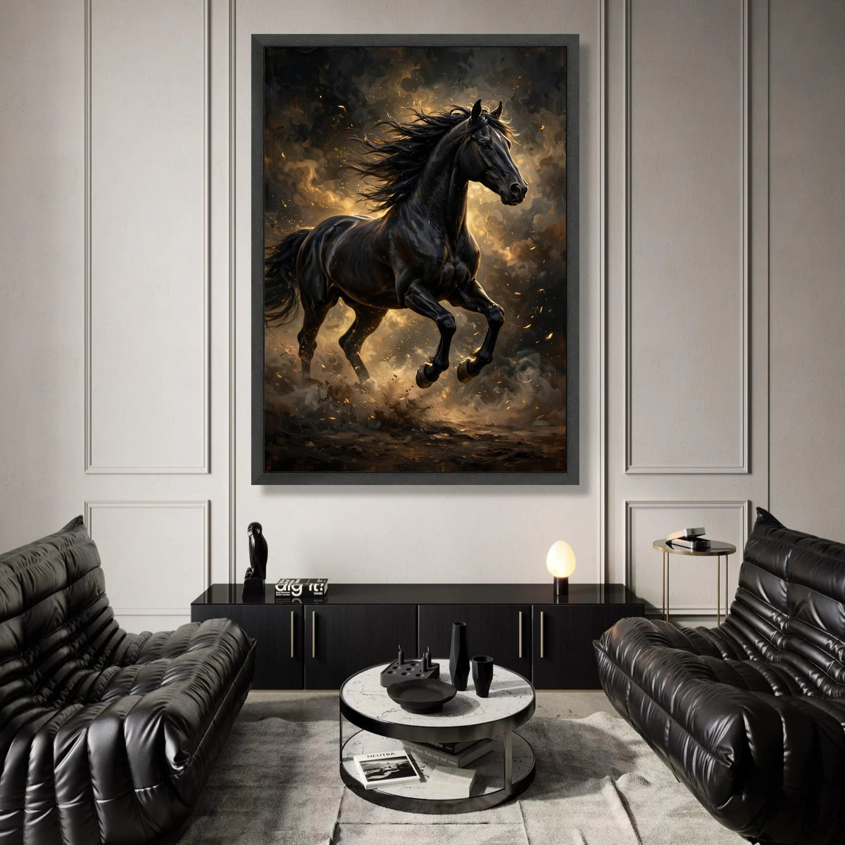 Majestic Black Stallion Canvas Wall Art, Galloping Horse Canvas, Dynamic Animal Portrait, Rustic Home Decoration, Ready to Canvas Print Art