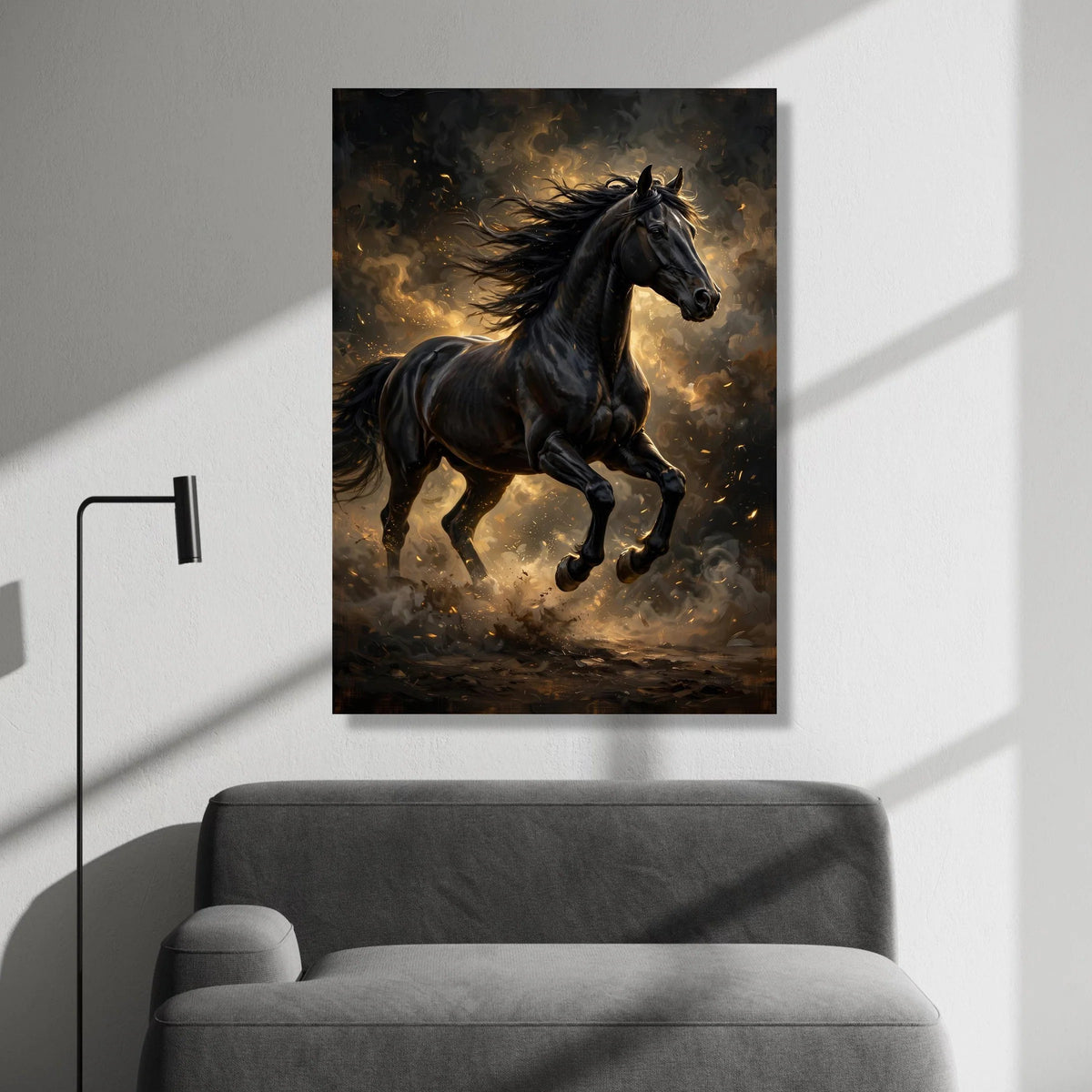 Majestic Black Stallion Canvas Wall Art, Galloping Horse Canvas, Dynamic Animal Portrait, Rustic Home Decoration, Ready to Canvas Print Art