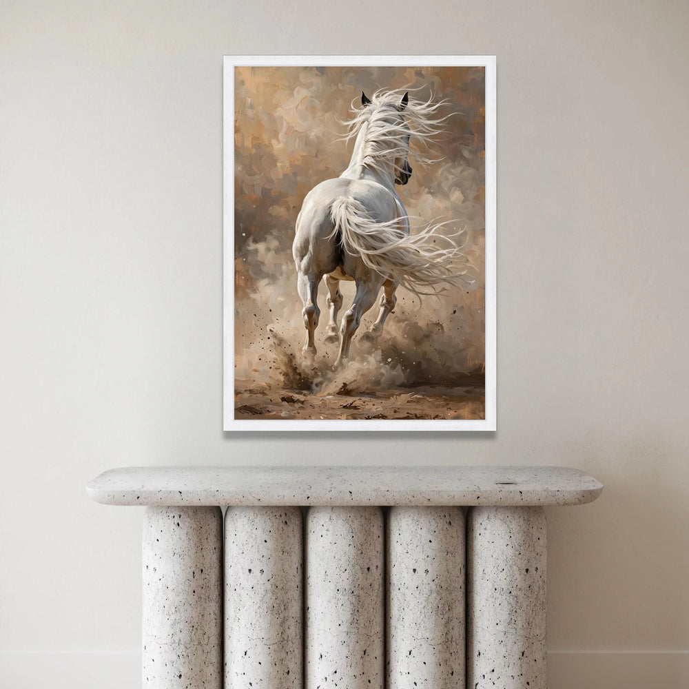 White Horse Running Canvas Wall Art, Dynamic Animal Print, Equestrian Home Decor, Modern Rustic Painting, Ready to Hang Canvas Print Art