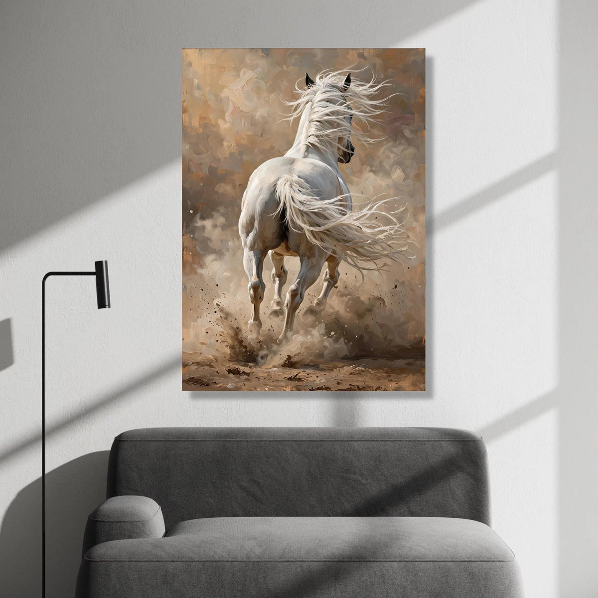 White Horse Running Canvas Wall Art, Dynamic Animal Print, Equestrian Home Decor, Modern Rustic Painting, Ready to Hang Canvas Print Art