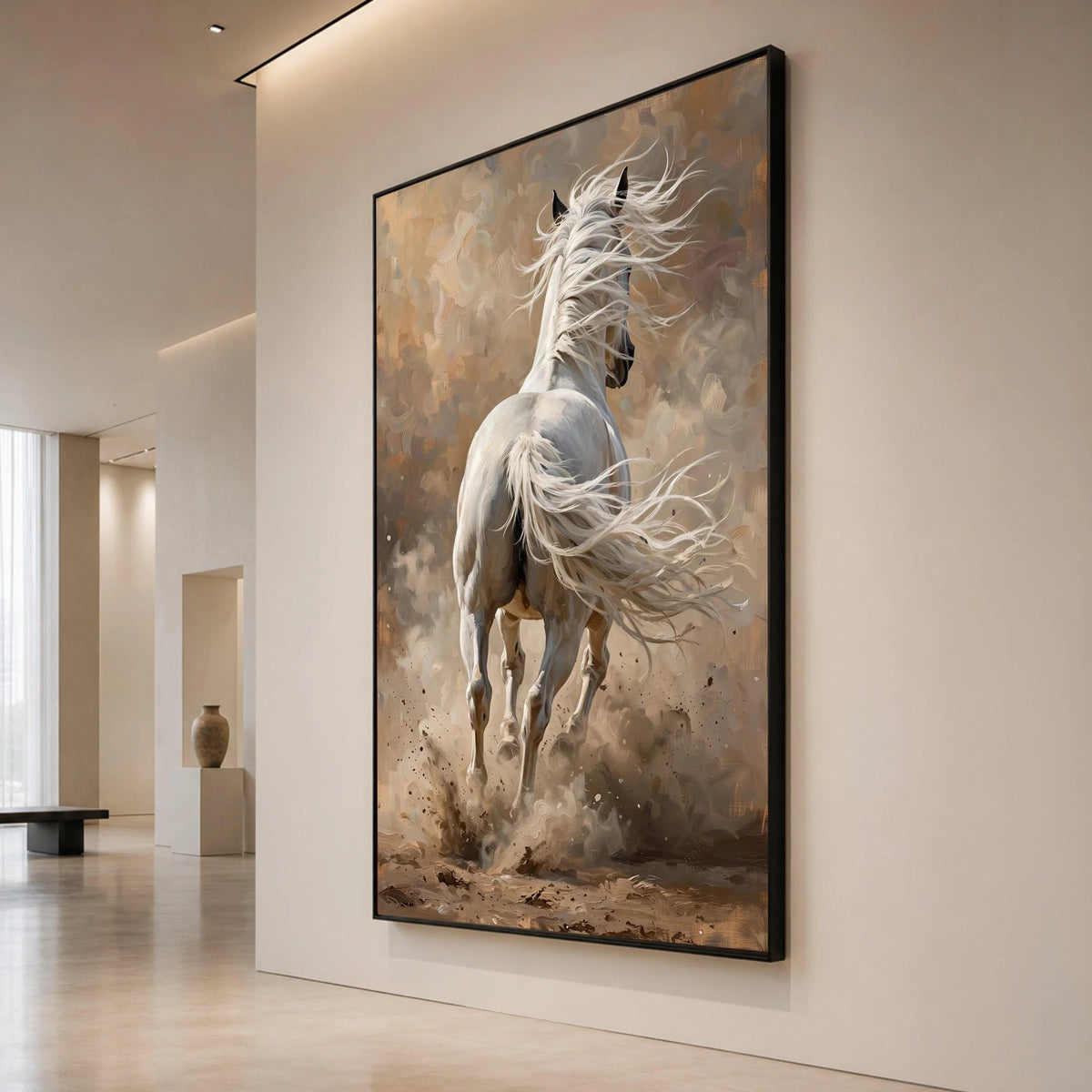 White Horse Running Canvas Wall Art, Dynamic Animal Print, Equestrian Home Decor, Modern Rustic Painting, Ready to Hang Canvas Print Art