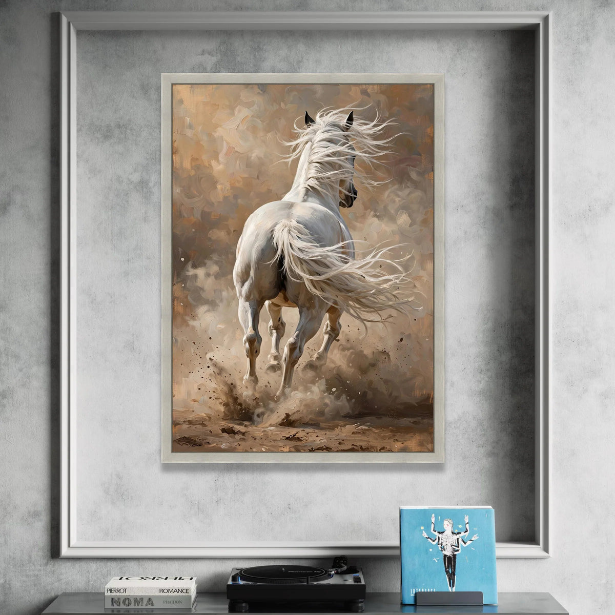 White Horse Running Canvas Wall Art, Dynamic Animal Print, Equestrian Home Decor, Modern Rustic Painting, Ready to Hang Canvas Print Art