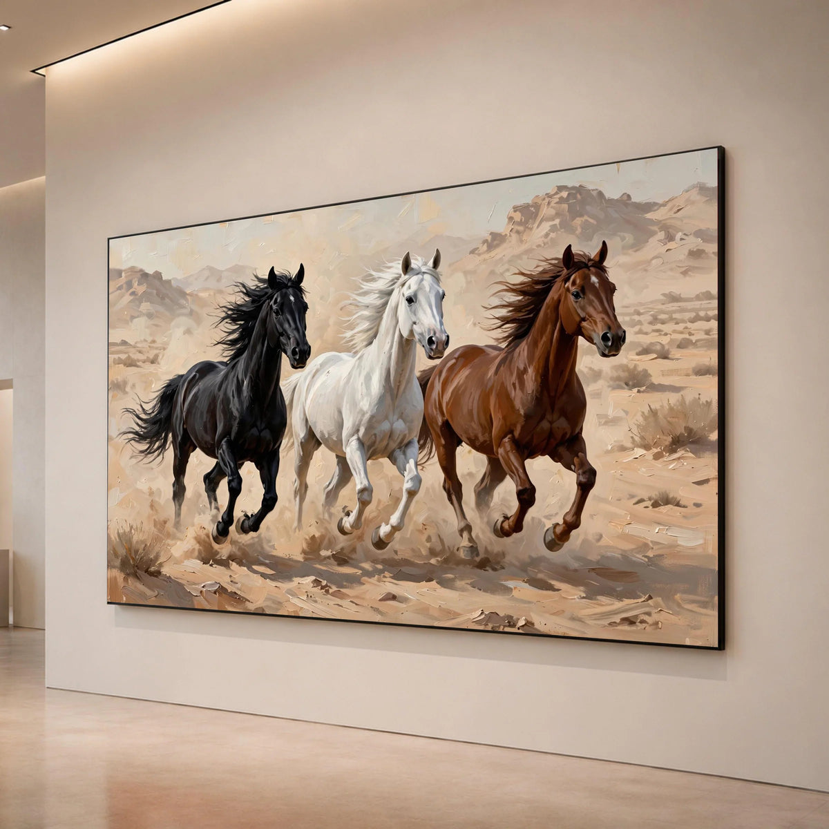 Running Horses Canvas Wall Art, Black White Brown Horses, Western Desert Landscape, Animal Wall Decoration, Rustic Home Art Canvas Print Art