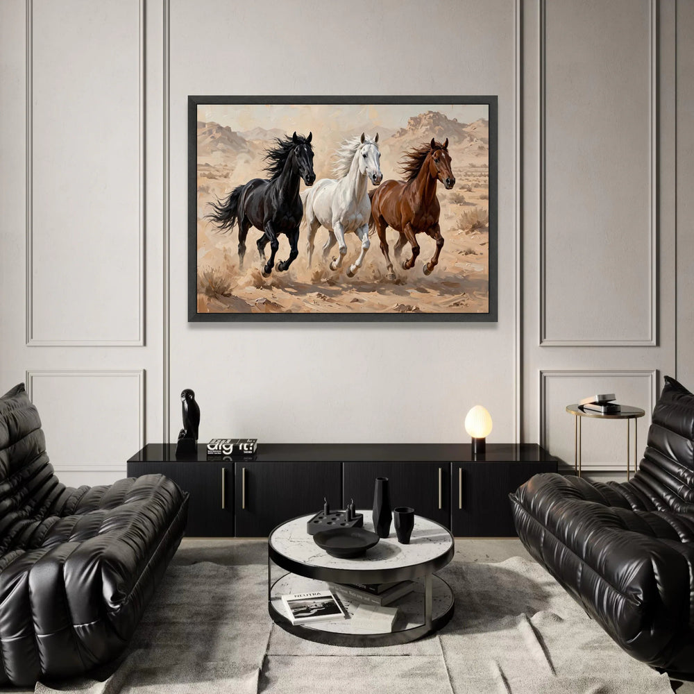 Running Horses Canvas Wall Art, Black White Brown Horses, Western Desert Landscape, Animal Wall Decoration, Rustic Home Art Canvas Print Art