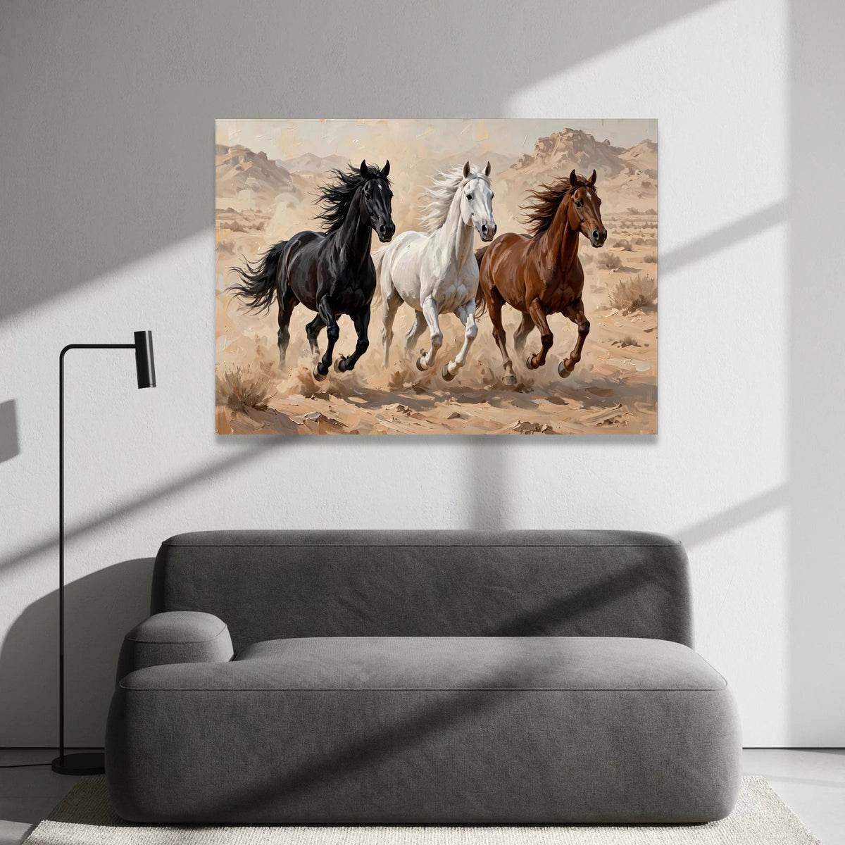 Running Horses Canvas Wall Art, Black White Brown Horses, Western Desert Landscape, Animal Wall Decoration, Rustic Home Art Canvas Print Art