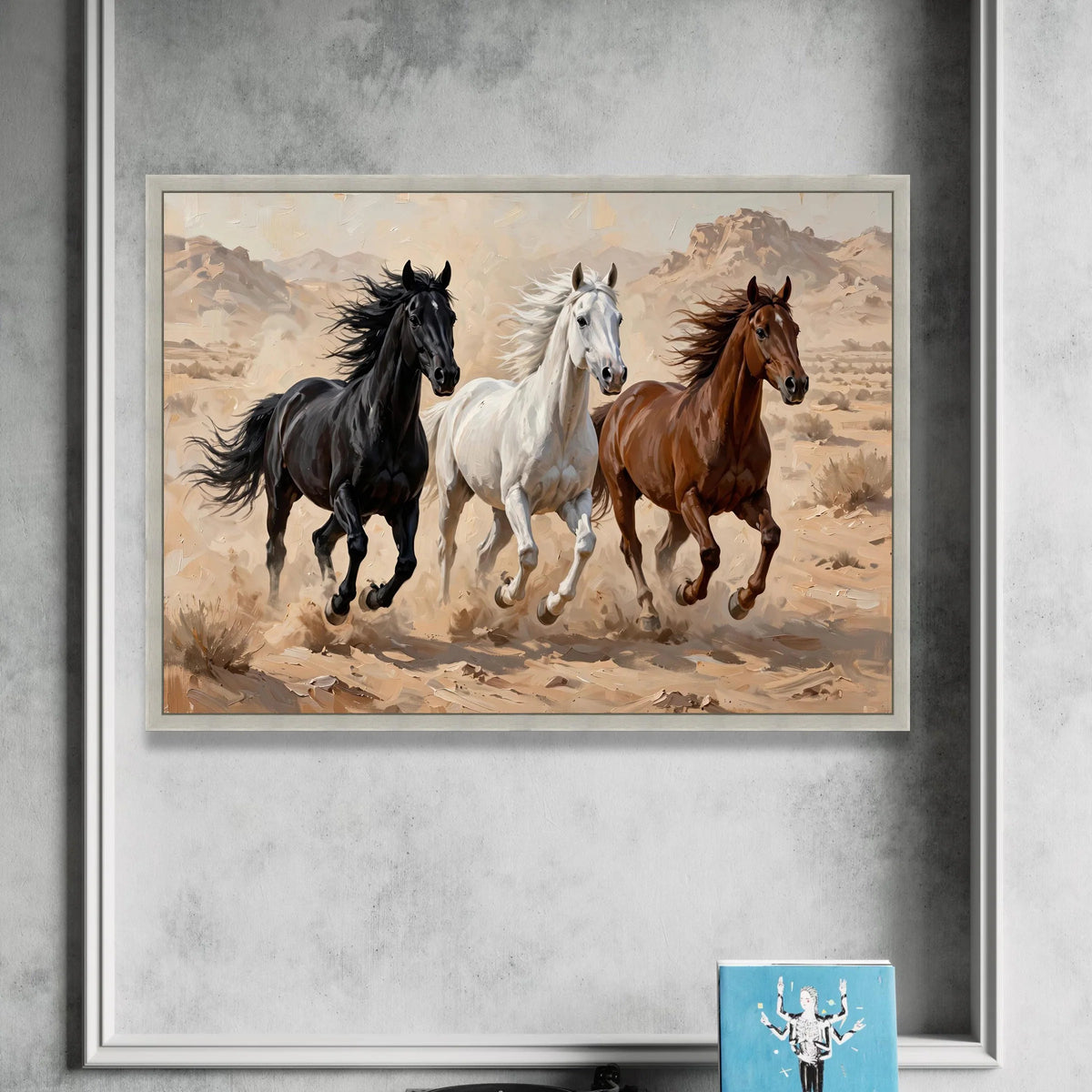Running Horses Canvas Wall Art, Black White Brown Horses, Western Desert Landscape, Animal Wall Decoration, Rustic Home Art Canvas Print Art