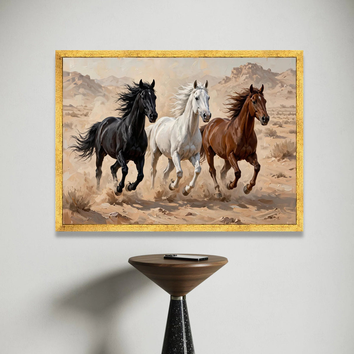 Running Horses Canvas Wall Art, Black White Brown Horses, Western Desert Landscape, Animal Wall Decoration, Rustic Home Art Canvas Print Art