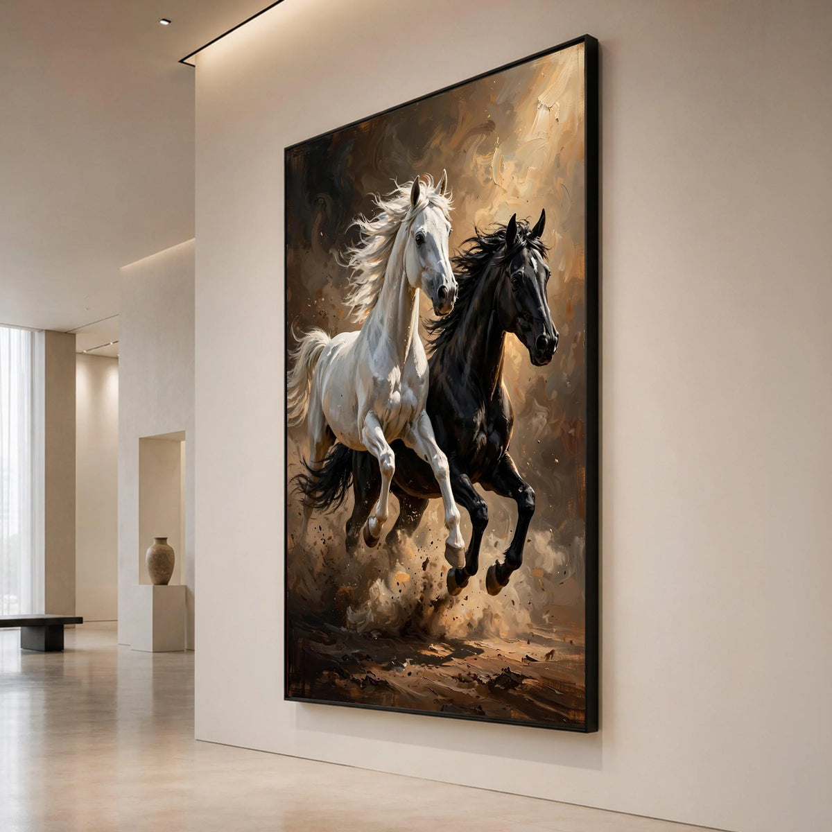 Dynamic Running Horses Canvas Wall Art, White and Black Horses Painting, Energetic Animal Wall Decor, Rustic Home Artwork, Canvas Print Art
