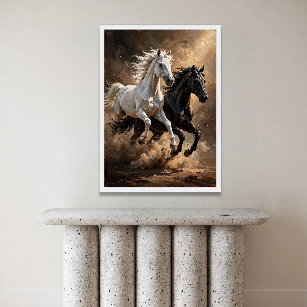 Dynamic Running Horses Canvas Wall Art, White and Black Horses Painting, Energetic Animal Wall Decor, Rustic Home Artwork, Canvas Print Art