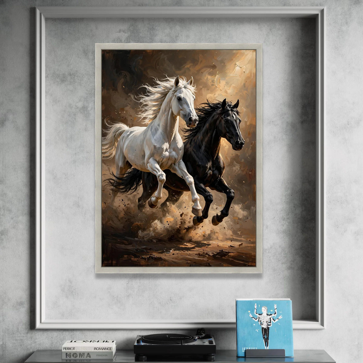 Dynamic Running Horses Canvas Wall Art, White and Black Horses Painting, Energetic Animal Wall Decor, Rustic Home Artwork, Canvas Print Art