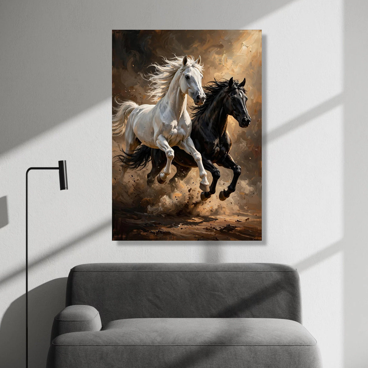 Dynamic Running Horses Canvas Wall Art, White and Black Horses Painting, Energetic Animal Wall Decor, Rustic Home Artwork, Canvas Print Art