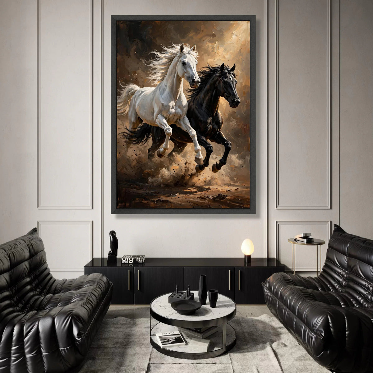 Dynamic Running Horses Canvas Wall Art, White and Black Horses Painting, Energetic Animal Wall Decor, Rustic Home Artwork, Canvas Print Art