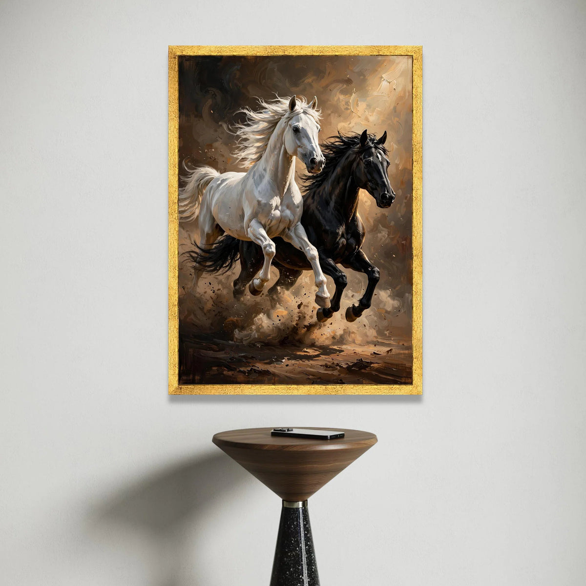 Dynamic Running Horses Canvas Wall Art, White and Black Horses Painting, Energetic Animal Wall Decor, Rustic Home Artwork, Canvas Print Art