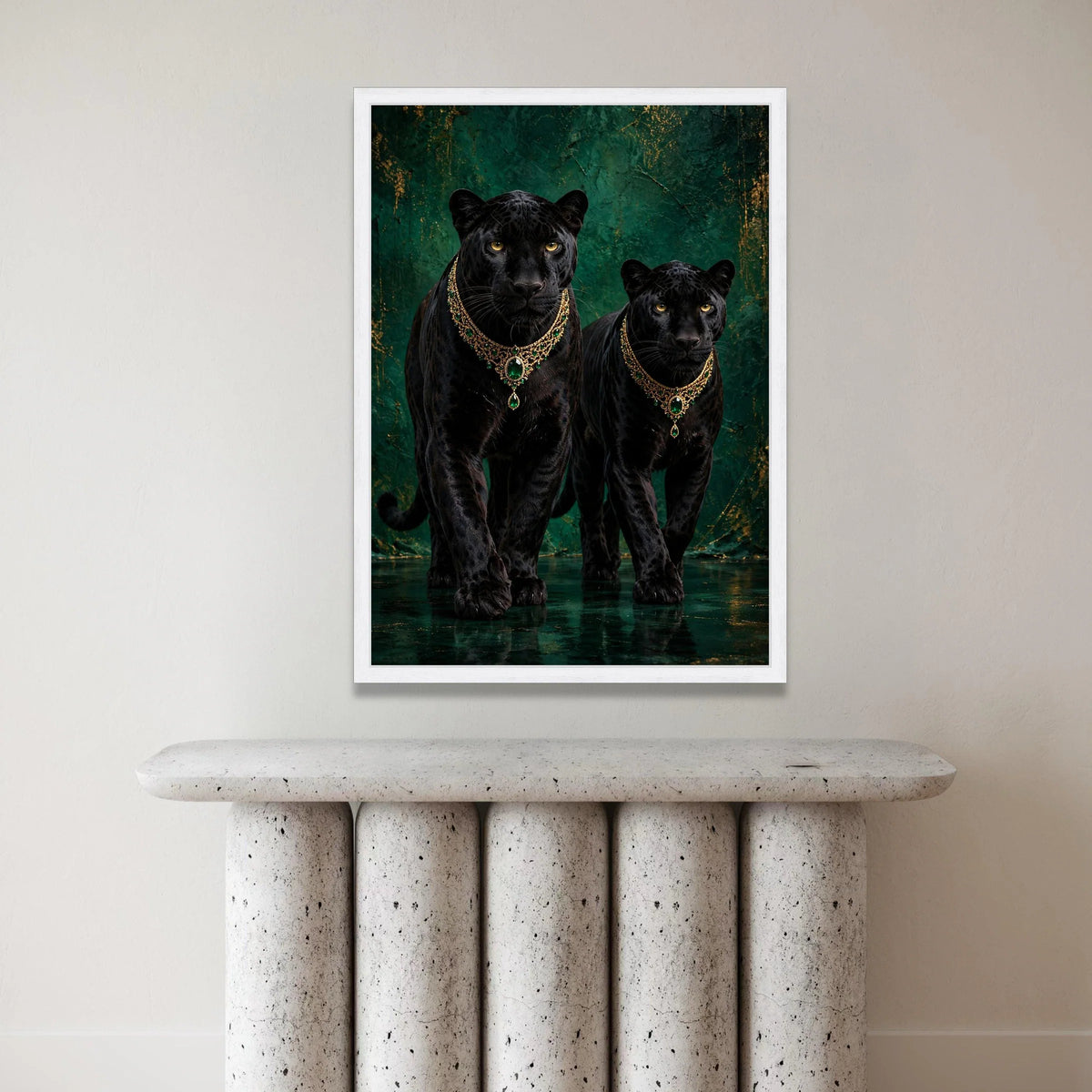 Elegant Black Panthers with Emerald Necklaces Canvas, Wildlife Art Print, Luxurious Animal Portrait Wall Decor, Exotic Canvas Print Art