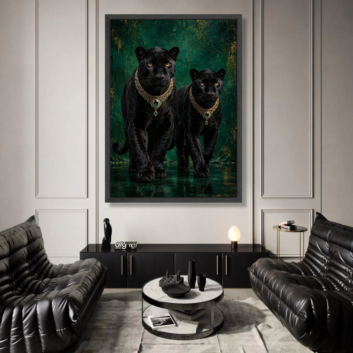 Elegant Black Panthers with Emerald Necklaces Canvas, Wildlife Art Print, Luxurious Animal Portrait Wall Decor, Exotic Canvas Print Art