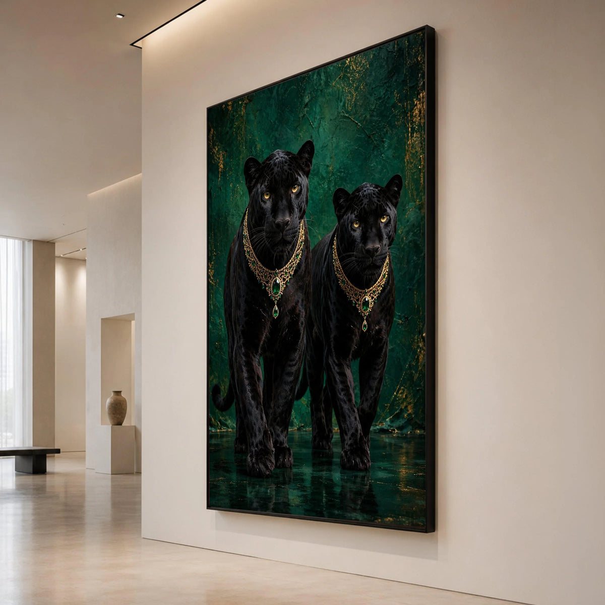 Elegant Black Panthers with Emerald Necklaces Canvas, Wildlife Art Print, Luxurious Animal Portrait Wall Decor, Exotic Canvas Print Art